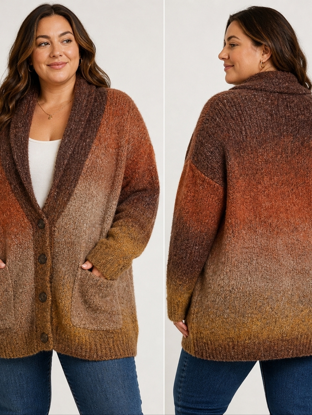 Fuzzy Ombre Shawl Collar Oversized Cardigan Sweater - Rust Multi XL